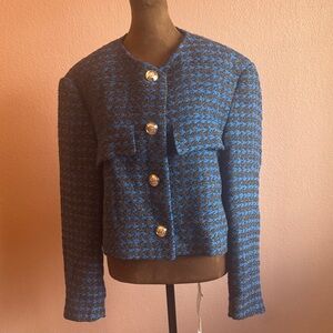 Zara Blue and Brown Houndstooth Blazer with Gold Buttons
